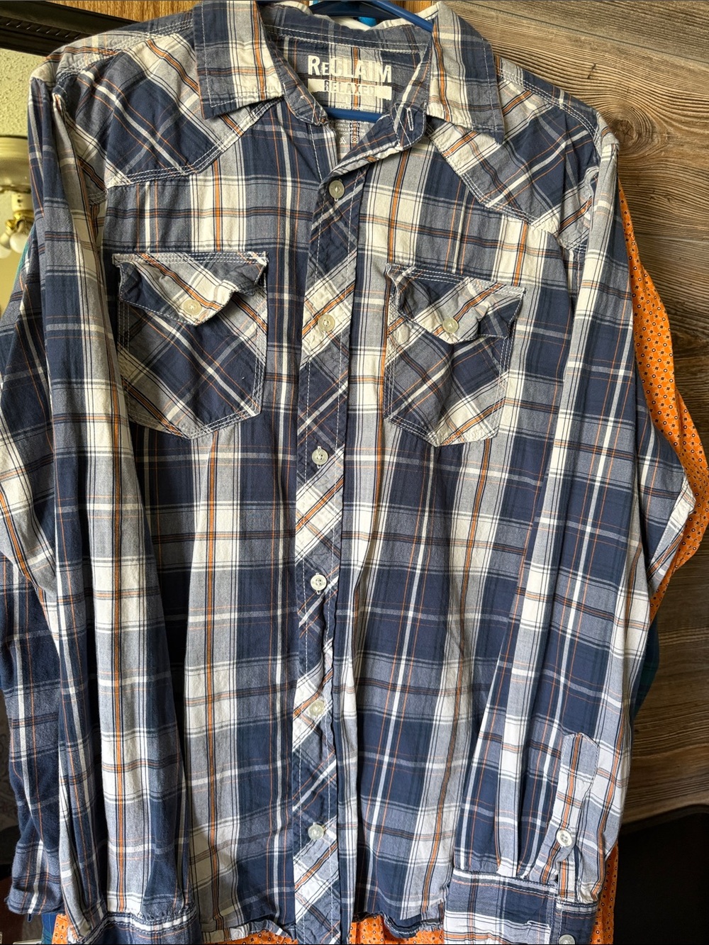 Reclaim Men's Navy and White Plaid Button-Down Shirt